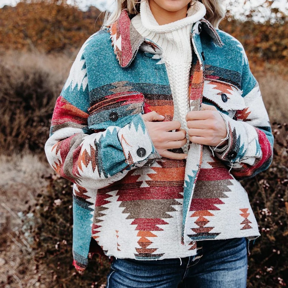 304 Hazel & Olive Women Southwestern Aztec Print Shacket (Large, Teal/Rust, EUC)